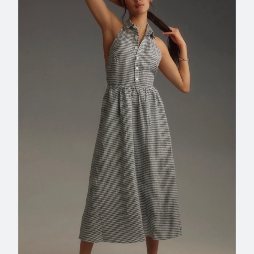 Reformation Tace Linen Dress in Slate Check Navy Open Back Midi Button Size 10